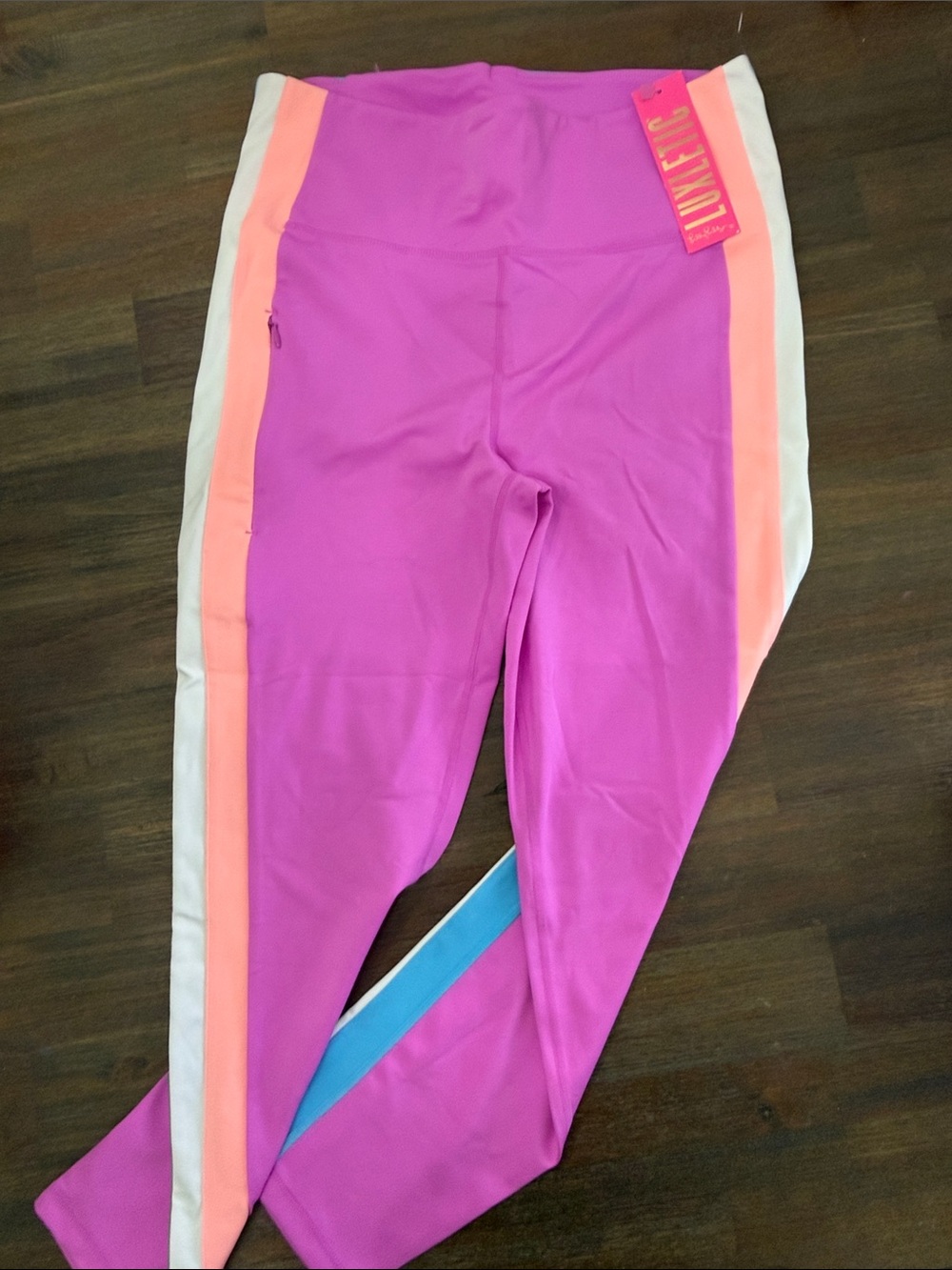 Lilly Pulitzer Bright Pink Colorblock Active Leggings with Peach & White Panels